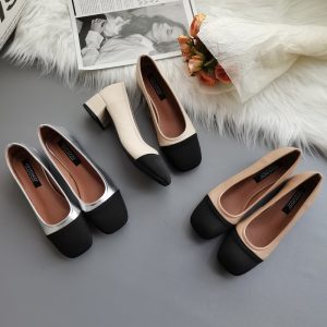 CSYCOCO Women's Two-Tone Square Toe Chunky Heel Slip-On Shoes