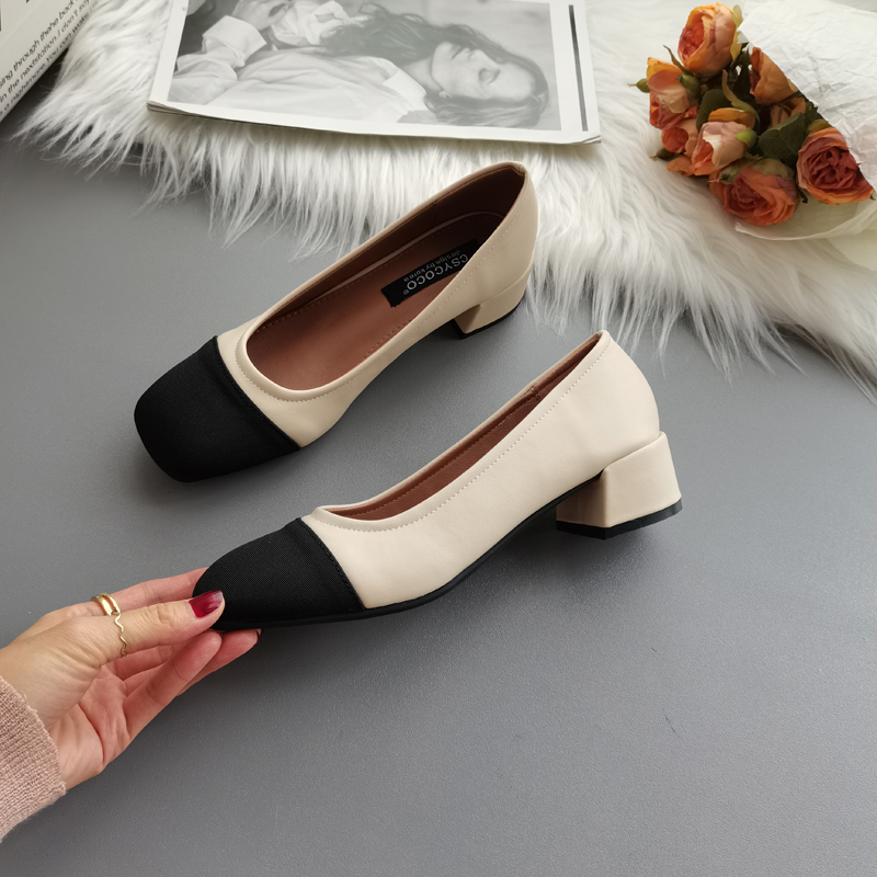 CSYCOCO Women's Two-Tone Square Toe Chunky Heel Slip-On Shoes - Image 4