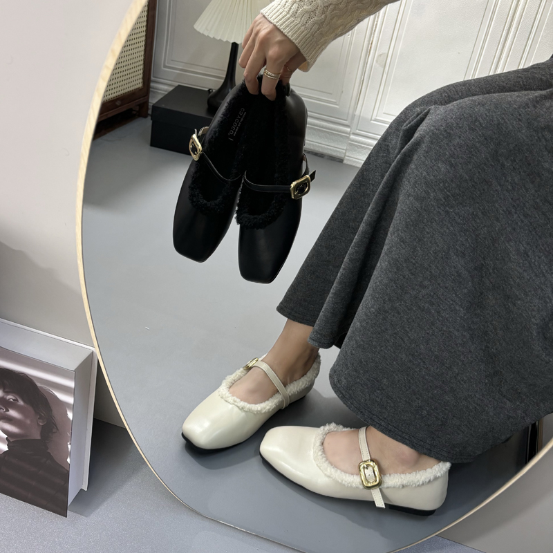 CSYCOCO Gold Square Buckle Faux Fur Mary Jane Flats for Women