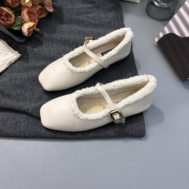 CSYCOCO Gold Square Buckle Faux Fur Mary Jane Flats for Women - Image 2