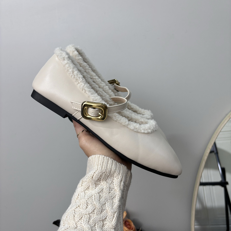 CSYCOCO Gold Square Buckle Faux Fur Mary Jane Flats for Women - Image 3