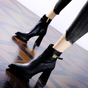 Martin Boots 2025 Autumn New Design Belt Buckle Pointed Toe High Heel Boots Platform Chunky Heel Short Boots Women