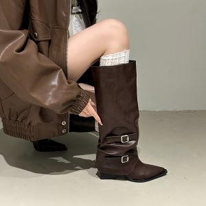 Pointed Toe Chunky Heel Stacked Boots Women Autumn Winter New Style Light Up Knee High Slim Leg Tube Boots