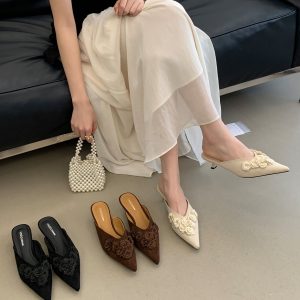 Fairy Style Flower Pointed Toe High Heel Slippers for Women 2026 New Silk Thin Heel Closed Toe Celebrity Half Slippers
