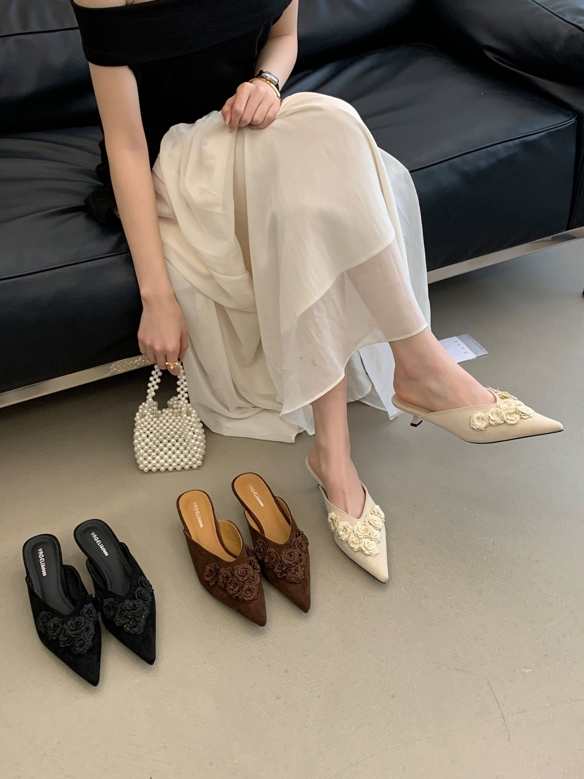 Fairy Style Flower Pointed Toe High Heel Slippers for Women 2026 New Silk Thin Heel Closed Toe Celebrity Half Slippers
