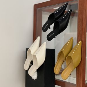French Elegant Half Slippers for Women Summer Pointed Toe High Heel Silver Kitten Thin Heel Rivet Covered Toe Sandals