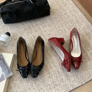 2026 New Bow Square Toe Wine Red Chunky Heel French Style Women's Shoes Stock 35-40